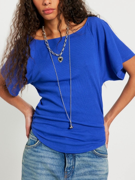 Free People Tops - Free People Lucy Off-The-Shoulder Tee T Shirt Top Ribbed Blue Size XL